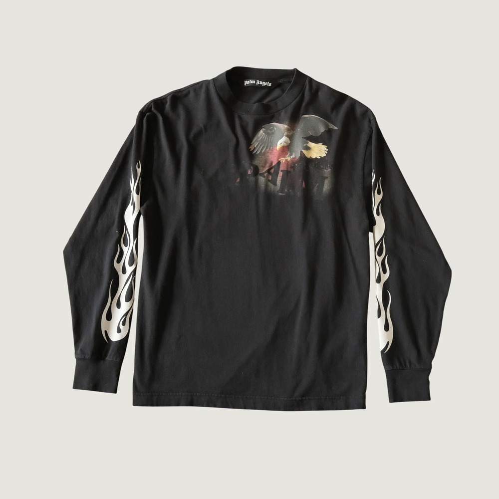 Palm Angels Eagle Flame Long Sleeve Shirt Mens Black Streetwear Large Cotton